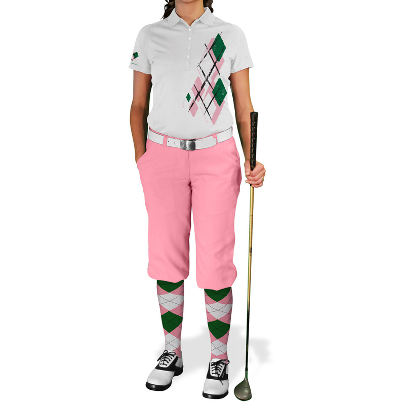 Ladies Argyle Utopia Golf Shirt - 6D: Pink/White/Dark Green