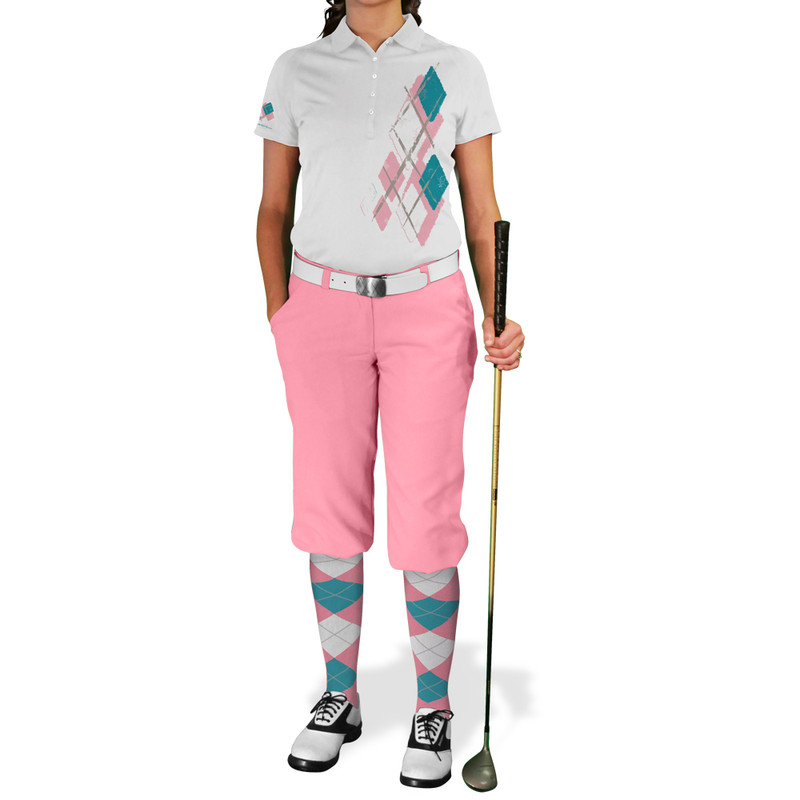 Ladies Argyle Utopia Golf Shirt - 6T: Pink/White/Teal