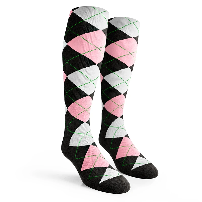 Ladies Over the Calf Argyle Socks Black, Pink and White