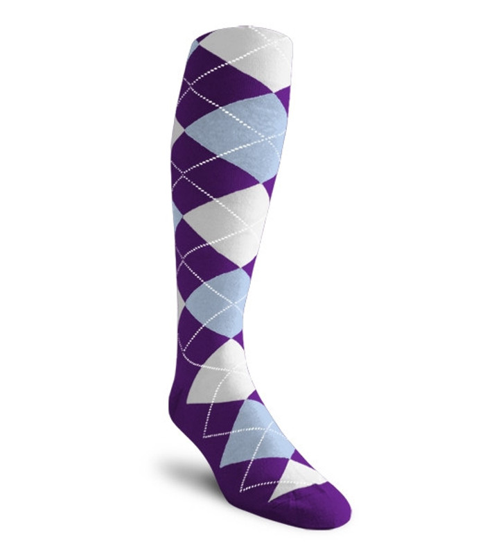 Mens Over the Calf Argyle Sock Purple, Light Blue and White