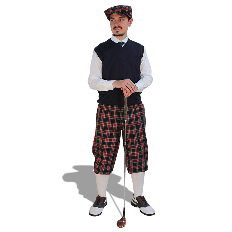 Dress Shirt Sweater Golf Outfit - Mens Navy Stewart & White with Striped Green Tie