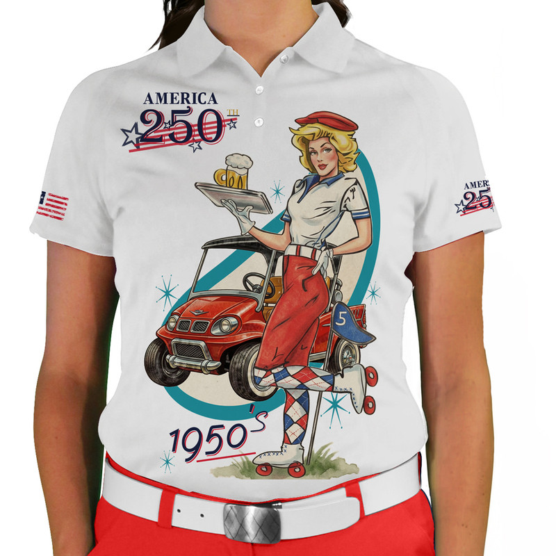 Ladies USA Patriot Heroes 250 Golf Shirt - Roller Skate Girl 1950s Putter Pal
