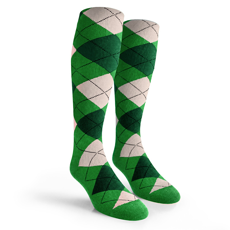 Argyle Socks - Mens Over-the-Calf - WWW: Lime/Dark Green/White