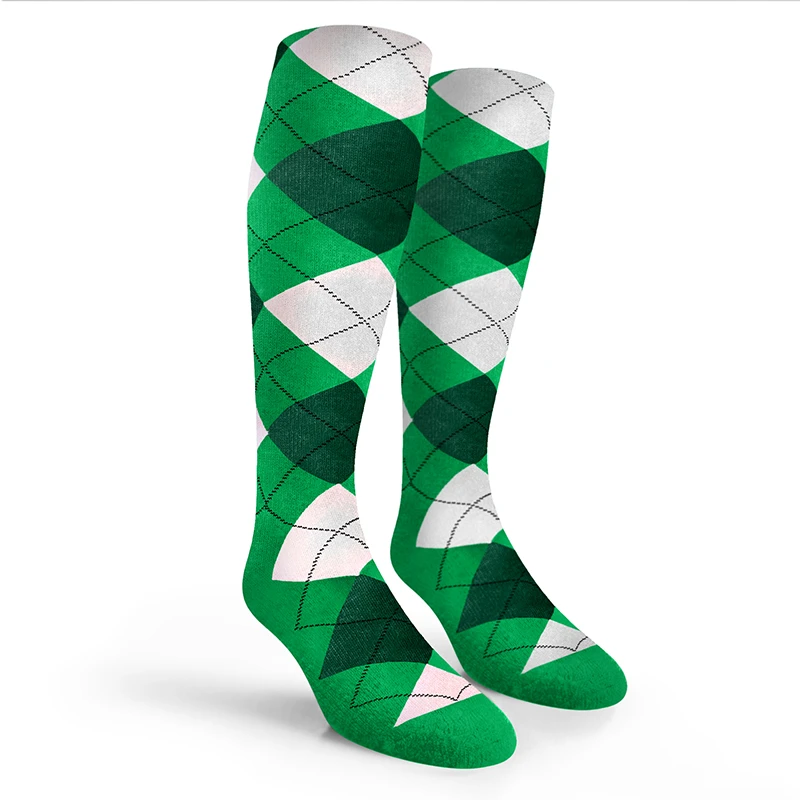 Argyle Socks - Mens Over-the-Calf - WWW: Lime/Dark Green/White