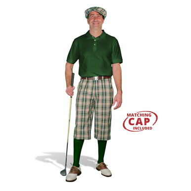 Golf Outfit - Mens Khaki Stewart Plaid Golf Knickers & Dark Green Shirt