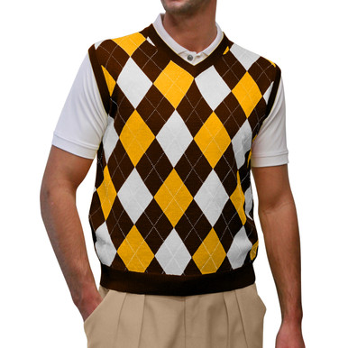 Argyle Golf Sweater Vest | Brown/White/Gold | Mens