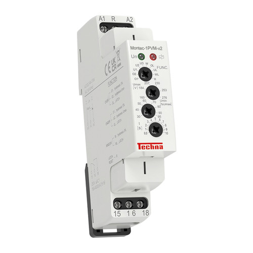 Techna Single Phase Voltage Monitoring Relay, O/P, Monitors Voltage in range 48 - 276Vac, Output: 1CO 250Vac 16A AC1, Measures Overvoltage or Undervoltage separately