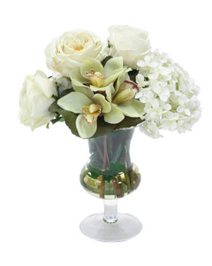 White Roses and Hydrangeas with Cymbidium Orchids in Clear Glass Urn