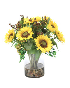 Sunflowers and Berries in Clear Glass Cylinder