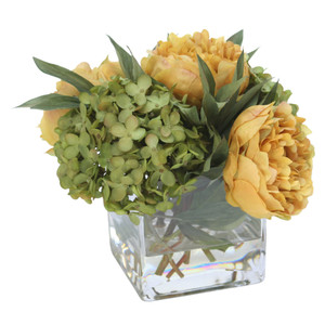 Green Hydrangea with Gold Peonies in Square Glass