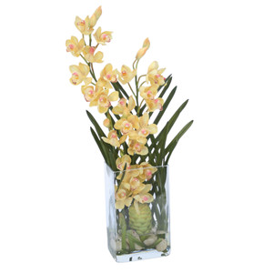Yellow Cymbidium Orchids with Honeycomb in Tall Glass Rectangle