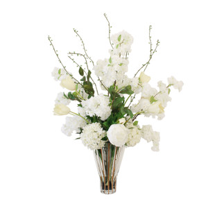 White Cherry Blossom, Hydrangea And Peony In Clear Vase