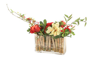 Burgundy Tulips with Celosia, Berry Stems and Cymbidium in Rectangular Vase Lined with Wood