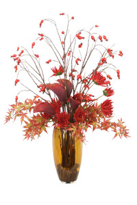Fall Mix of Dahlia, Cally Lilies and Berries in Amber Colored Vase
