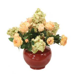 Cream Yellow Roses Mixed with PeeGee Hydrangeas in Oxblood Red Planter