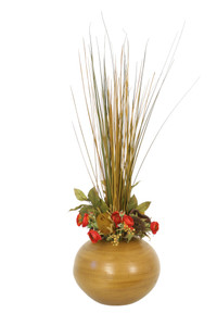 Tall Green Brown Grasses, Pods and Red Buds in Round Ceramic Tan Bowl