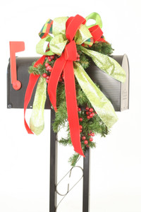 Pine Mailbox Decoration with Burgundy Berries and Christmas Mixed Ribbon