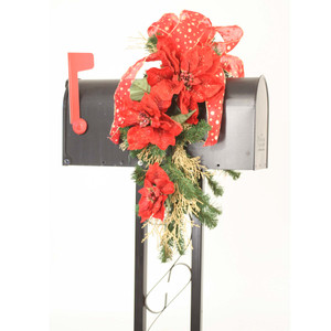 Pine Mailbox Decoration with Red Poinsettias, Cedar Gold Glitter and Red Ribbon