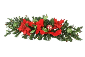 Tablescape with Red Jewel Poin. and Red/Green Ornaments and Red Velvet and Green Glitter Ribbon