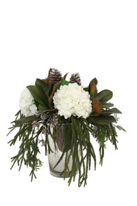 White Hydrangea's w Magnolia and Pine in Glass Vase