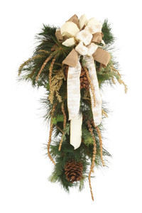 Swag Pine with Cedar and Gold Hanging Amarysis with Cream Velvet and Snowflake Ribbon