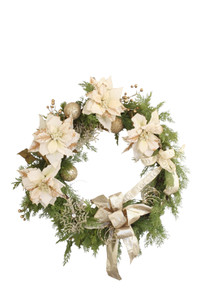 Cedar Wreath with White-Gold Poinsettias and Champagne Ornaments Chamagne Ribbon