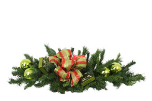 Tablescape with Pine and Green Ornaments and Mixed Colored Ribbons