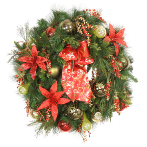 Pine Wreath with Mix of Green Ornaments and Red Flowers