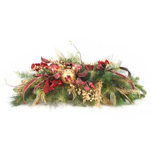 Burgundy and Gold with Mixed Pine Mantle Arrangement