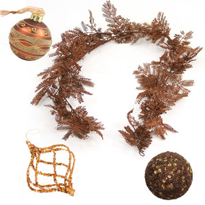Designer Ornament Group featuring 17 Assorted Bronze Gold and Glass Ornaments with Bronze Garland