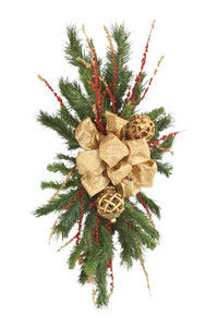 Green Pine Swag with Gold Bow and Red and Gold Accents