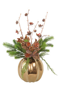 Pumpkin Vase With Pine And Bronze Poinsettia