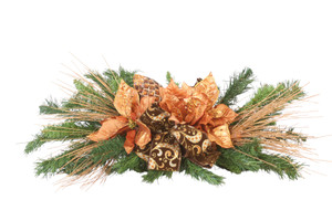 Pine Tablescape With Bronze Poinsettias And Ribbon