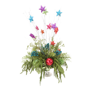 Bright and Colorful Arrangement with Ornaments and Drooping Pine