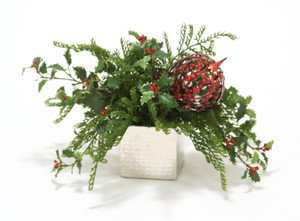 Variegated Holly with a Red Ornament in a Nickel Planter