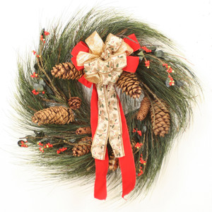 Long Pine Wreath with Berries and Ribbon