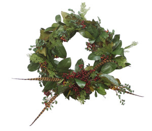 30" Magnolia Foliage Wreath with Berries and Feathers