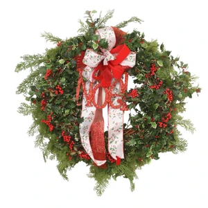23" Cedar Wreath with Holly Berries Velvet Ribbon and Noel Wreath