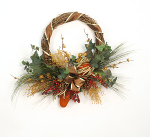 Wreath with Wheat Grass, Rust Protea, Peach Blossom and Berries also Ribbon