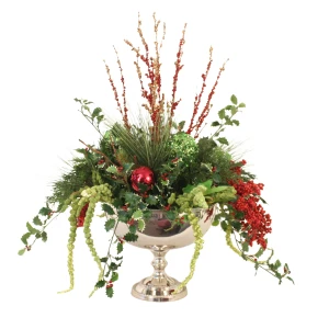 Green and Red Holiday Arrangement in Silver Urn