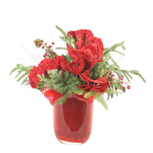 Amaryllis and Coxcomb in Red Petal Rim Vase