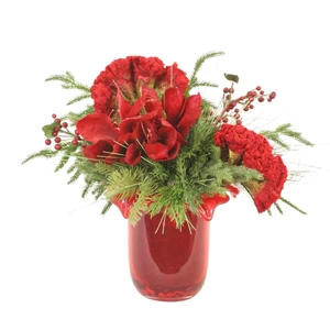Amaryllis and Coxcomb in Red Petal Rim Vase- Left