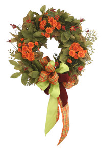 Autumn Salal Wreath with Orange Mums, Daisies.