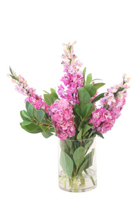 Lilac Stock with Delphinium in Glass Vase