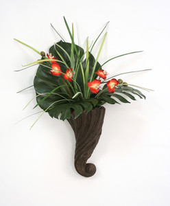RED PHALAENOPSIS ORCHID,GRASS,PHILO IN WALNUT SWIRL SCONCE