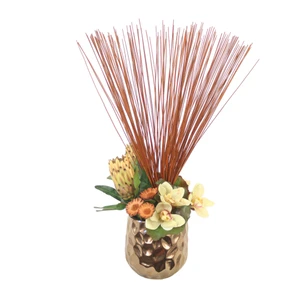 Orchids and Protea and Reeds in Gold Planter