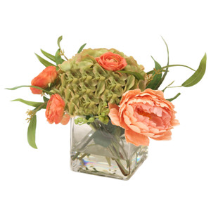 Green Brown Hydrangea with Peach Peony and Ranunculus in Square Glass
