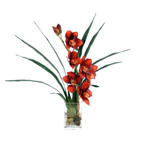 Rust Cymbidium Orchid with Foliage in Rectangle Glass
