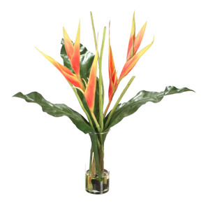 Dark Rose Heliconia's and Tacca Orchid Leaves in Glass Vase