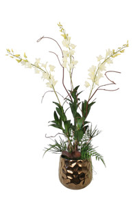 White Orchids and Greenery Mix in Burnt Gold Gabi Planter